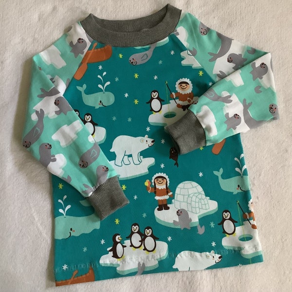 Kindershirt LA-Shirt Gr. 98 "Am Nordpol" Longsleeve Eisbär Wal Eskimo Wintershirt Geschenk Kinder unisex