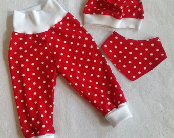 Babyset Pumphose Mütze Halstuch "Pünktchen" Babyhose Punkte rot/weiß Krabbelhose Mitwachshose Mädchen Geschenk Taufe Weihnachten Kinder