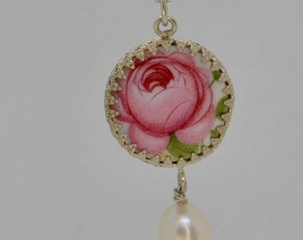 Rose Porzellan und Perle,Kettenanhänger  UNIKAT in 925 er Silber Galerie