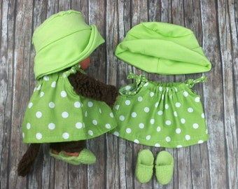 Vêtements robe chapeau et chaussures pistache/citron vert adapté aux peluches singe 20 cm neuf