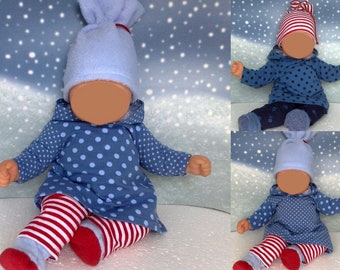 Puppenkleidung Farben mix Tunika mit Zipfelkapuze Legging Mütze und Schuhe passend für Puppen Babypuppen 36 cm Neu