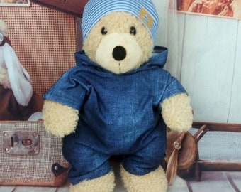 Bear clothing jumpsuit overall denim look and hat suitable for bear stuffed animals 37 / 40 cm New