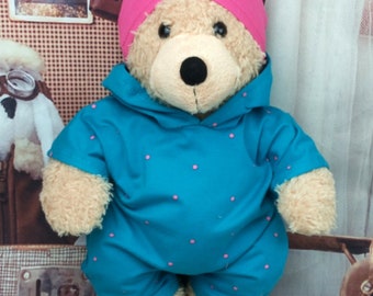 Bear clothing jumpsuit / overall and hat dots medium petrol / emerald pink suitable for bear stuffed toys 37 / 40 cm New