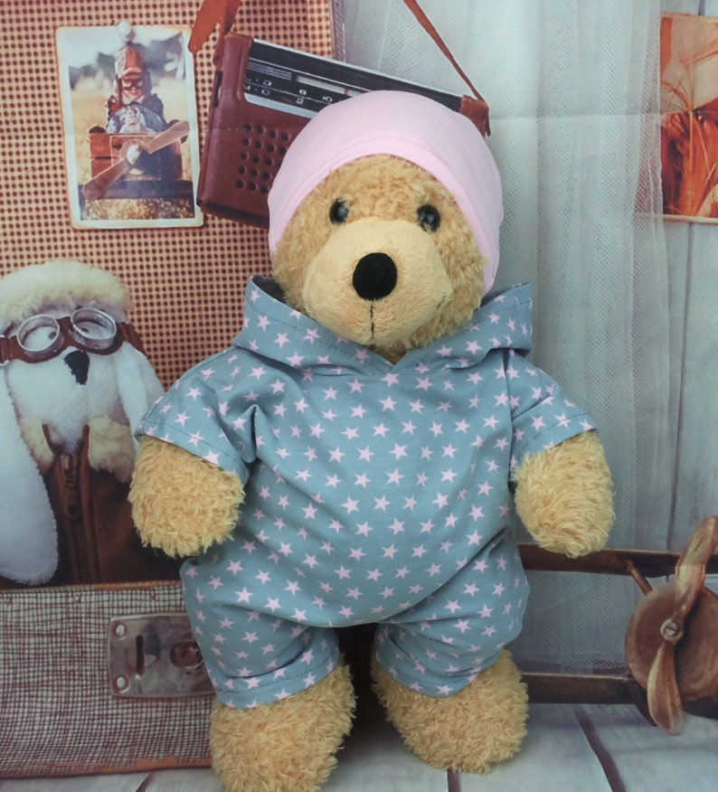 Bear clothing jumpsuit / overall and hat stars gray pink suitable for bears stuffed animals 37 / 40 cm New image 1