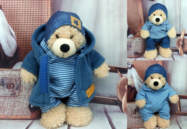 Bärenkleidung Kombimix geringelt blau jeansblau passend für Bär Teddybär Stofftiere 23 cm Bild 1