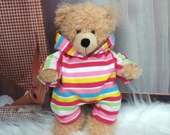 Teddykleidung Jumpsuit Overall mit Kapuze bunt geringelt passend für Teddybär Bär 18 cm