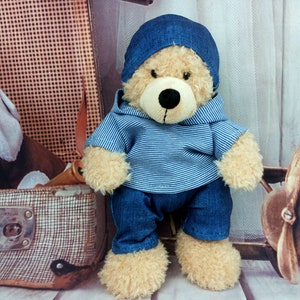 Bärenkleidung Kombimix geringelt blau jeansblau passend für Bär Teddybär Stofftiere 23 cm hoodie hose mütze