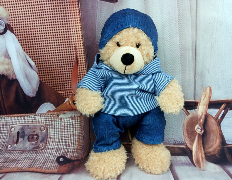 Bärenkleidung Kombimix geringelt blau jeansblau passend für Bär Teddybär Stofftiere 23 cm hoodie hose mütze