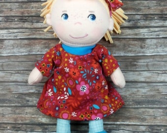 Puppenkleidung Kleid dunkelrot mit Blumen und Stirnband passend für Stoffpuppen 20 cm Neu