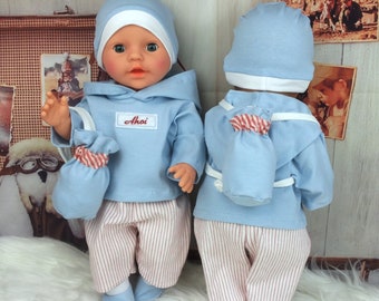 Kleidung 5tlg Hoodie Hose Mütze Schuhe Rücksack/Tasche Maritim passend für Baby Puppe 43 cm Reborn Puppe Neu