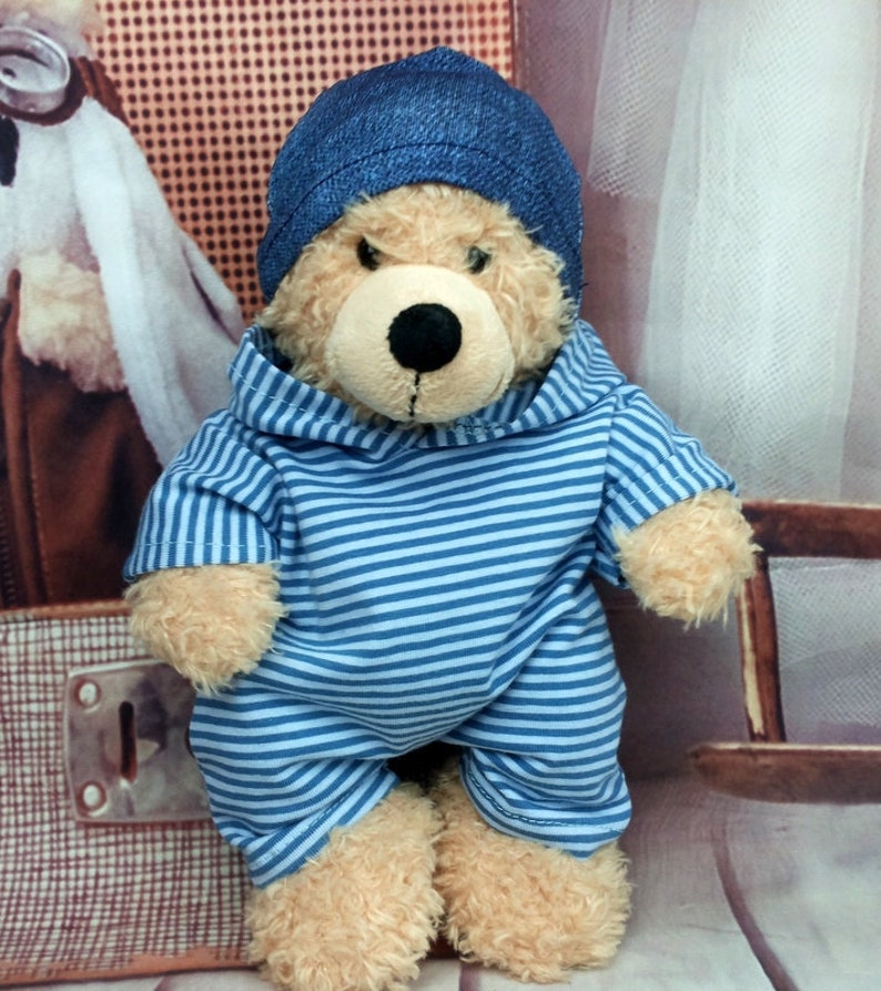 Bärenkleidung Kombimix geringelt blau jeansblau passend für Bär Teddybär Stofftiere 23 cm overall mütze