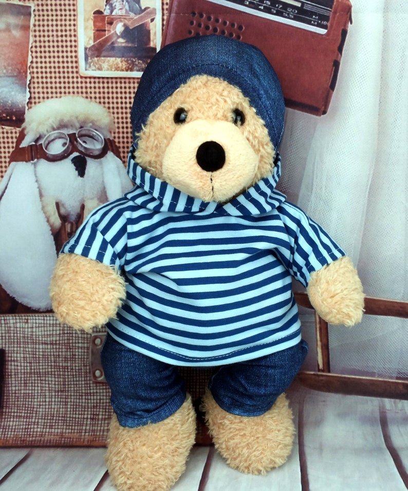 Bärenkkleidung Mix gestreift jeansoptik passend für Bären Stofftiere Bär Teddybär 37 / 40 cm Neu hoodie hose mütze