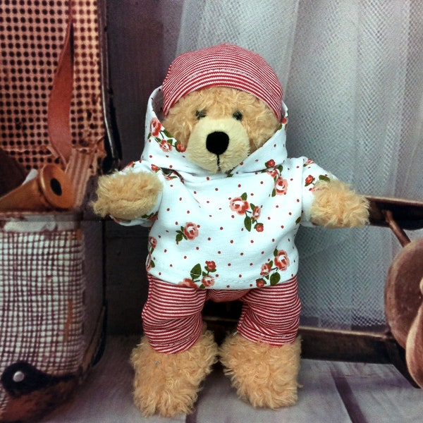 Teddykleidung Hoodie Hose Mütze weiß rot passend für Teddybär Bär Bear 18 cm