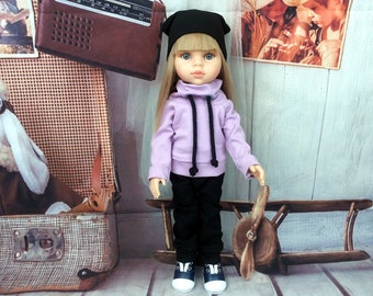 Kleidung Oberteil lila Hose und Mütze passend für 13in / 32cm Puppe Carla Neu