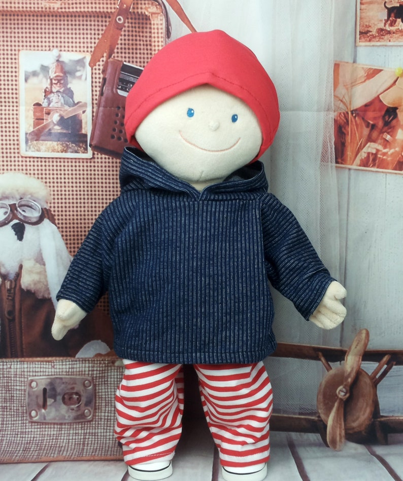 Puppenkleidung blau rot weiß Shirt gestreift Hose geringelt und Mütze passend für Puppen 43 cm Neu Bild 1