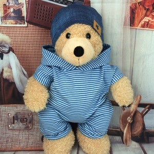 Bärenkkleidung Mix gestreift jeansoptik passend für Bären Stofftiere Bär Teddybär 37 / 40 cm Neu overall mütze