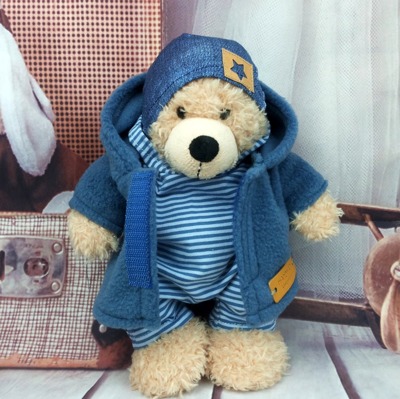 Bärenkleidung Kombimix geringelt blau jeansblau passend für Bär Teddybär Stofftiere 23 cm jacke overall mütze