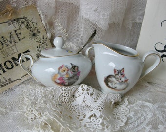 Vaisselle antique pour enfants, service pour enfants, sucrier en porcelaine, pot à lait, ensemble de café, chaton, maison de poupée, vaisselle de poupée, décor de chat