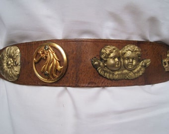 vintage belt ANGEL hippie leather belt old Boho Bohemian brass ornament 70s accessory