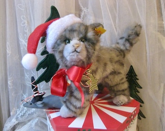 Vintage Katze +Weihnachtsmaus süsse alte Katze Steiff alt vintage kitten Kater x-mas chic Kuscheltier vintage Kätzchen Stofftier vintage cat