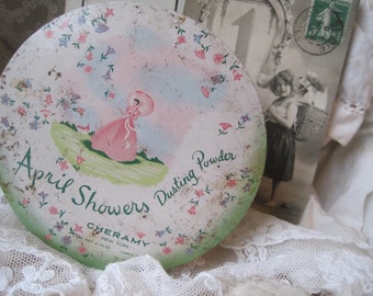 zauberhafte alte Puderdose Ceramy shabby vintage  Boudoir Dusting Powder Puff