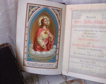 altes Gebetsbuch mit Heiligenbilder shabby Hausaltar vintage Gebete Maria Jesus Herz Madonna Heiliges Boudoir decoration religiöse Deko