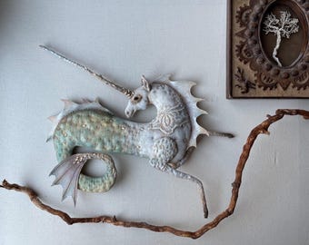 Текстильная скульптура единорога, настенное панно, предметное искусство, фигурка единорога , Белая Лошадь .