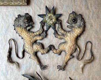 Textile Sculpture With Lions in Medieval Style , Two Lions , Textile Figure for Interior Decoration , Medieval Era .