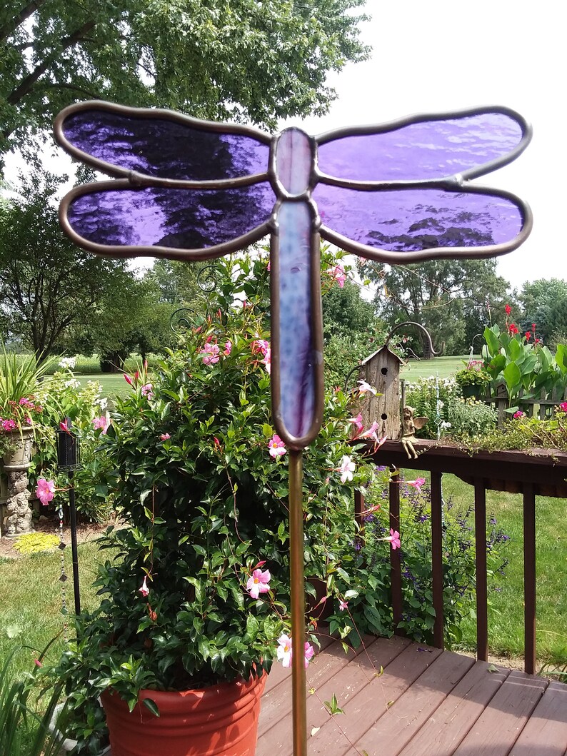 Stained Glass Blue or Purple Dragonfly Garden Stake | Etsy