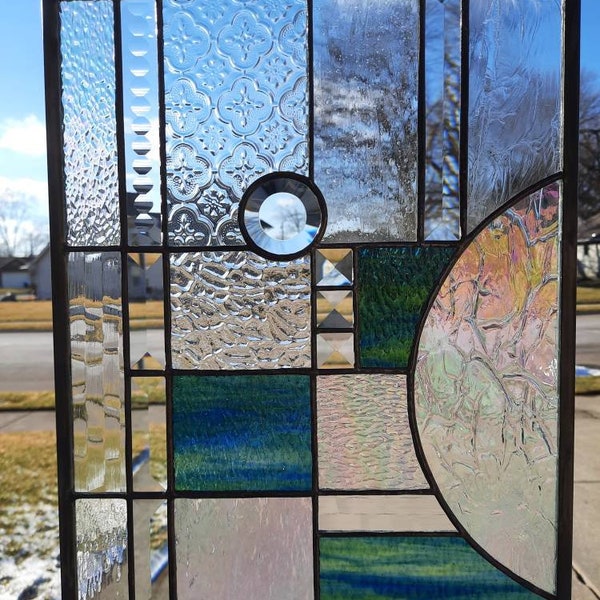 Stained Glass Window with Rectangle and Round Bevels in Modern Design