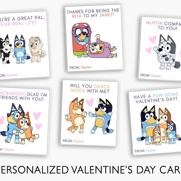 Editable Bluey Valentine Cards, Valentine's Day Cards, Kids Valentine Day Cards, Bingo and Bluey Card, Instant Download, Printable