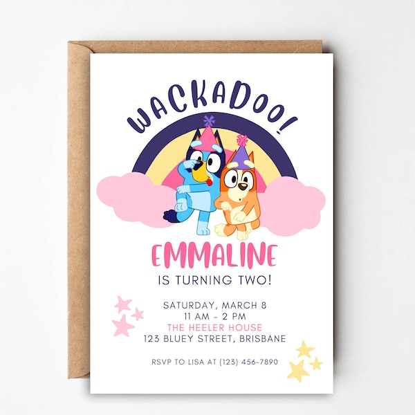 Faire-part d'anniversaire arc-en-ciel Wackadoo Bluey, Invitation d'anniversaire Bluey, Bluey moderne et Invitation de bingo-test