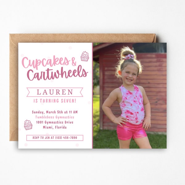 Gymnastics Birthday Invitation, Cupcakes and Cartwheels, Pink Gymnastics Party Invitation