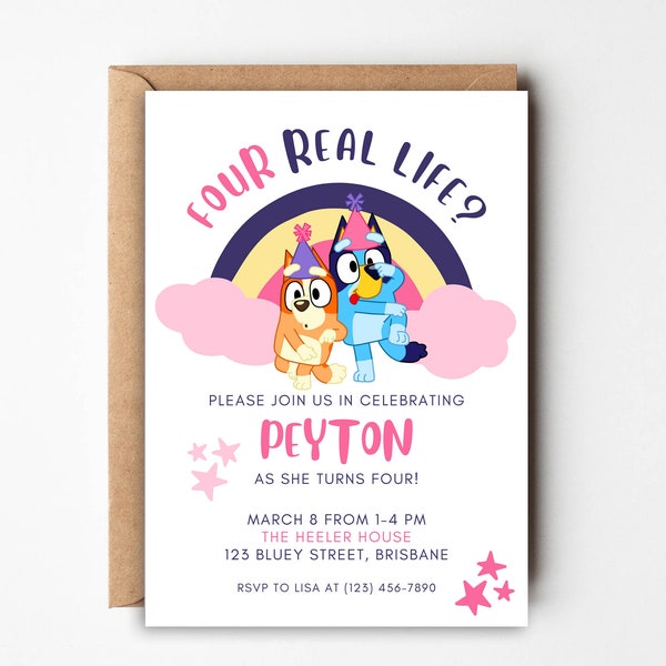 FOUR Real Life Blue Dog Modern 4th Editable Birthday Invitation