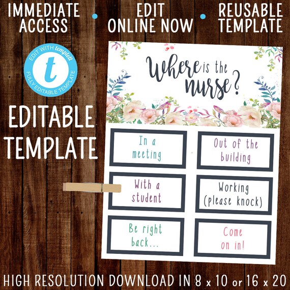 Editable Where Is The Nurse Template Office Door Sign School Etsy