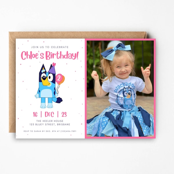 Invitation d’anniversaire Bluey, Invitation d’anniversaire Photo Bluey, Invitation Bluey et Bingo moderne, Imprimable