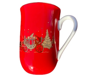 S/6 Otagiri Gibson 24K Gold Decorated Carriage, Coach, and Horses Christmas Coffee Mugs Cups