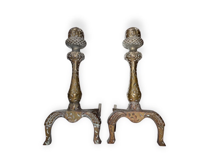 Featured listing image: Classic Acron Top Andirons Pair With Hammered Texture