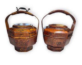 Antique Chinese Octagon Wooden Wedding Basket Hand Painted with Lid, 2 available