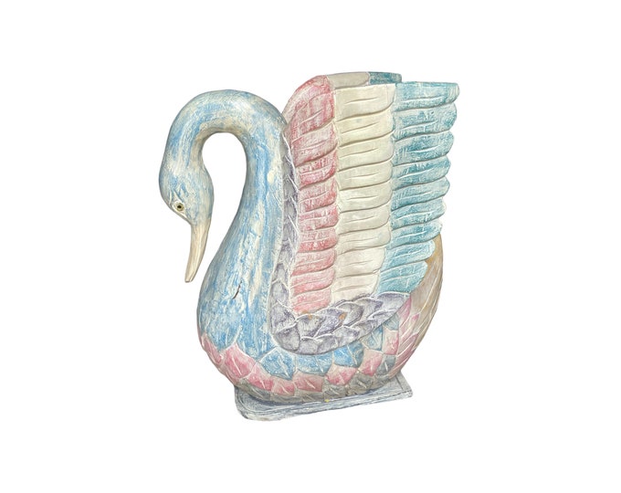 Featured listing image: Vintage Carved Teak Swan Sculpture: Painted Wood Decor