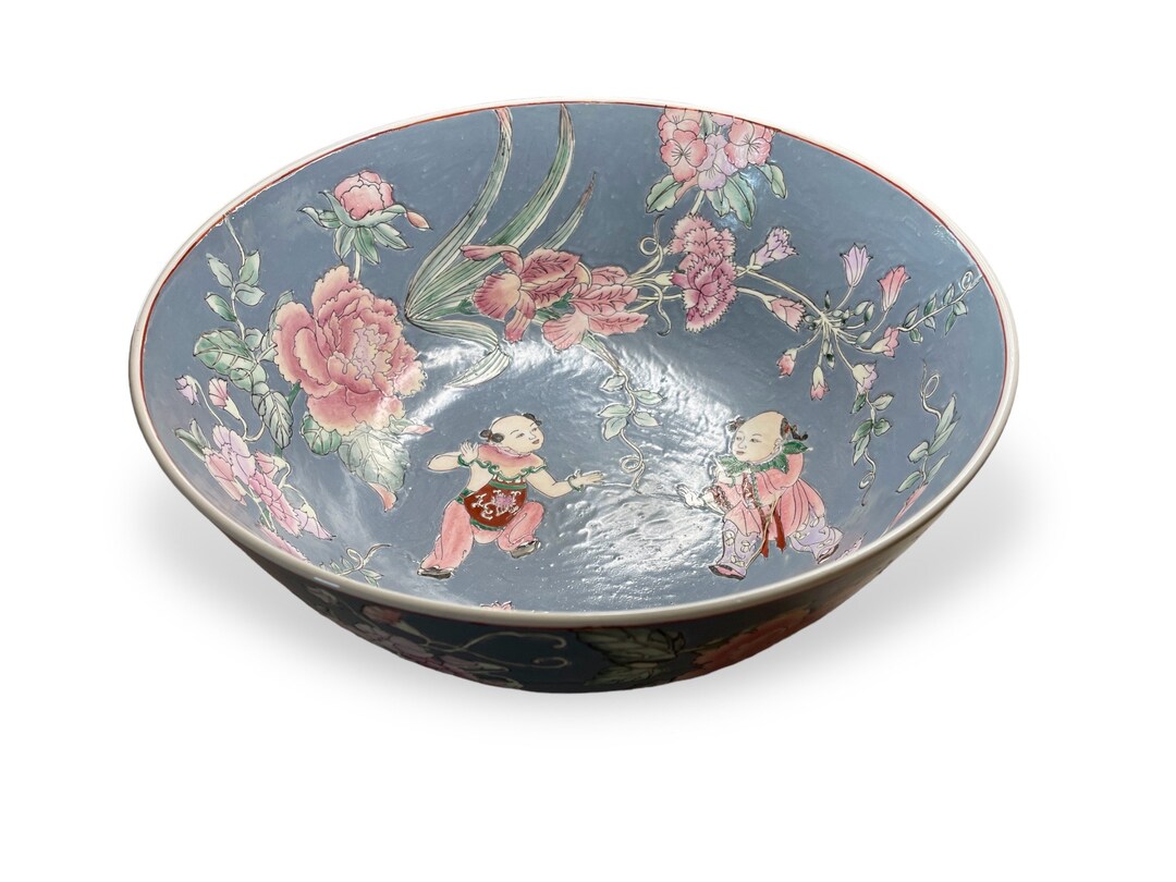 Large French Blue Centerpiece Bowl 14 // Vintage Made in Macau Heavy Chinoiserie Pottery Bowl