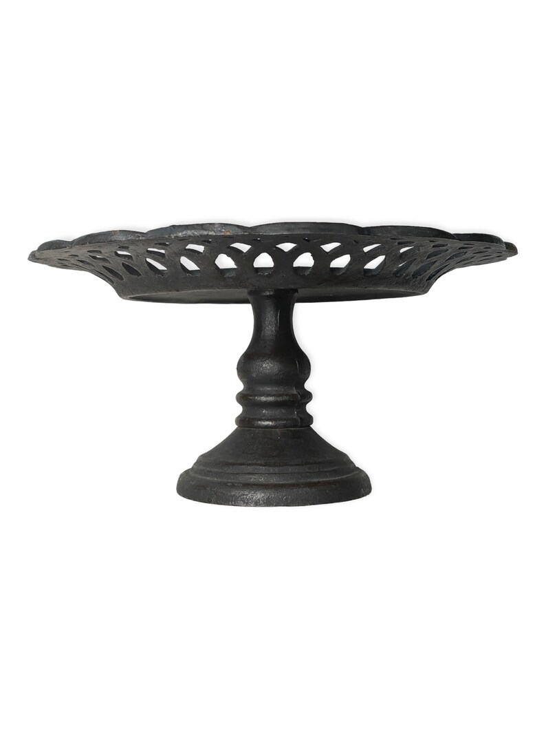 Vintage Cast Iron Pedestal Cake Stand With Black Finish Lattice Edge vintage-cast-iron-pedestal-cake-stand-with-black-finish-lattice-edge
