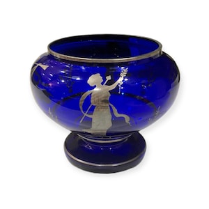 Antique Cobalt Blue Art Nouveau Vase: Sterling Silver Ladies, Czechoslovakia