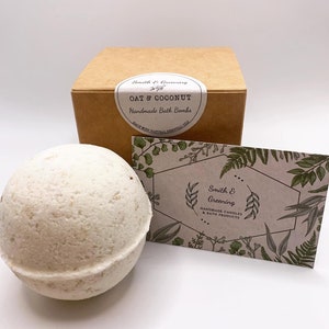 Oat & Coconut Sensitive Bath Bomb. Handmade, vegan and cruelty free. Plastic free, recyclable packaging!