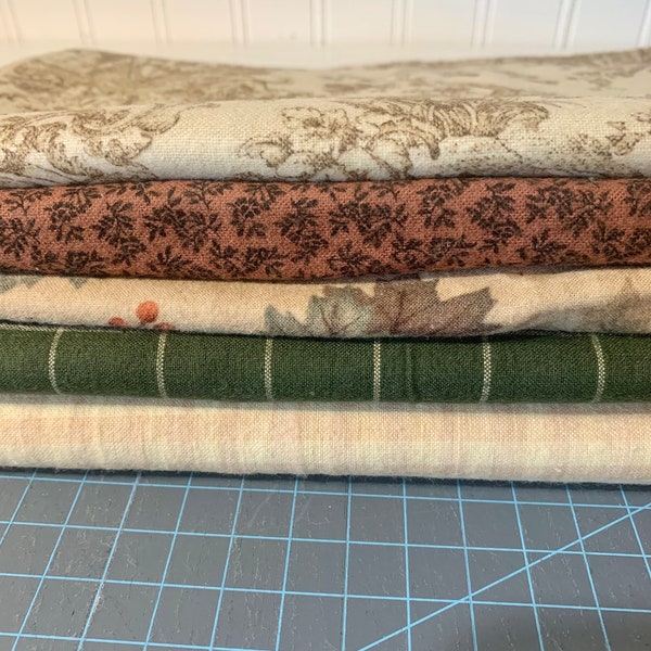 Fabric Lot -5 Pieces -leaves –plaid -Provencial –Gingham –plaid –Brown –Flannel –3 yards –remnants -Moda- Fall