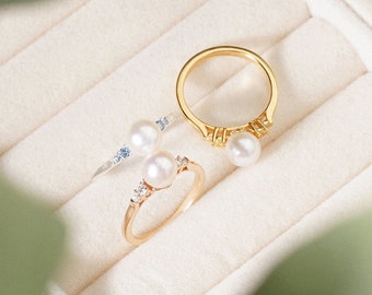 Anello di perle d'acqua dolce personalizzato / Gioielli di perle / Anello di pietre portafortuna / Anello minimalista / Anello delicato personalizzato / Anello inciso / Regalo per lei