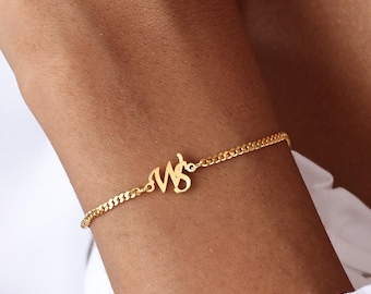 Personalized Two Initial Bracelet With Curb Chain | Custom Letter Wristlet | Dainty Monogram Jewelry