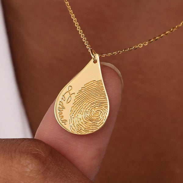 Custom Gold Fingerprint Necklace | Teardrop Pendant | Memorial Handwriting Jewelry | Thumbprint Necklaces