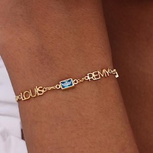 Custom Family Name Bracelet | Personalized Gold Birthstone Bracelet with Kids&#39; Names | Dainty Gift for Mom