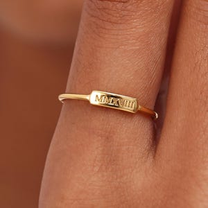 Roman Numeral Bar Ring - Dainty Initial Ring - Engrave Coordinates Band - Custom Nameplate Jewelry - Stacking Rings - Graduation Gift